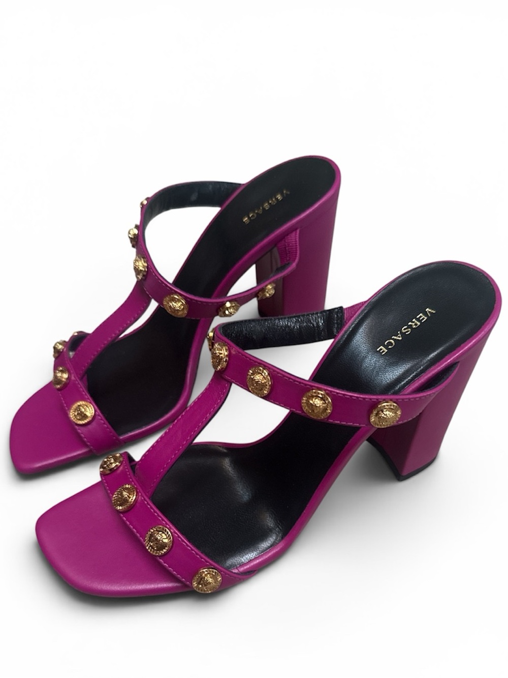 Versace Orchid and Gold Block-Heel Double-Strap Sandal